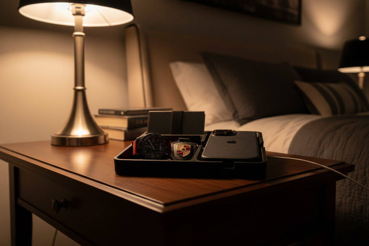 Nightstand Organizer with Phone Charging Slot | Desk Valet Tray | Wallet Keys Holder | Minimalist EDC Organizer | Bedside Dock