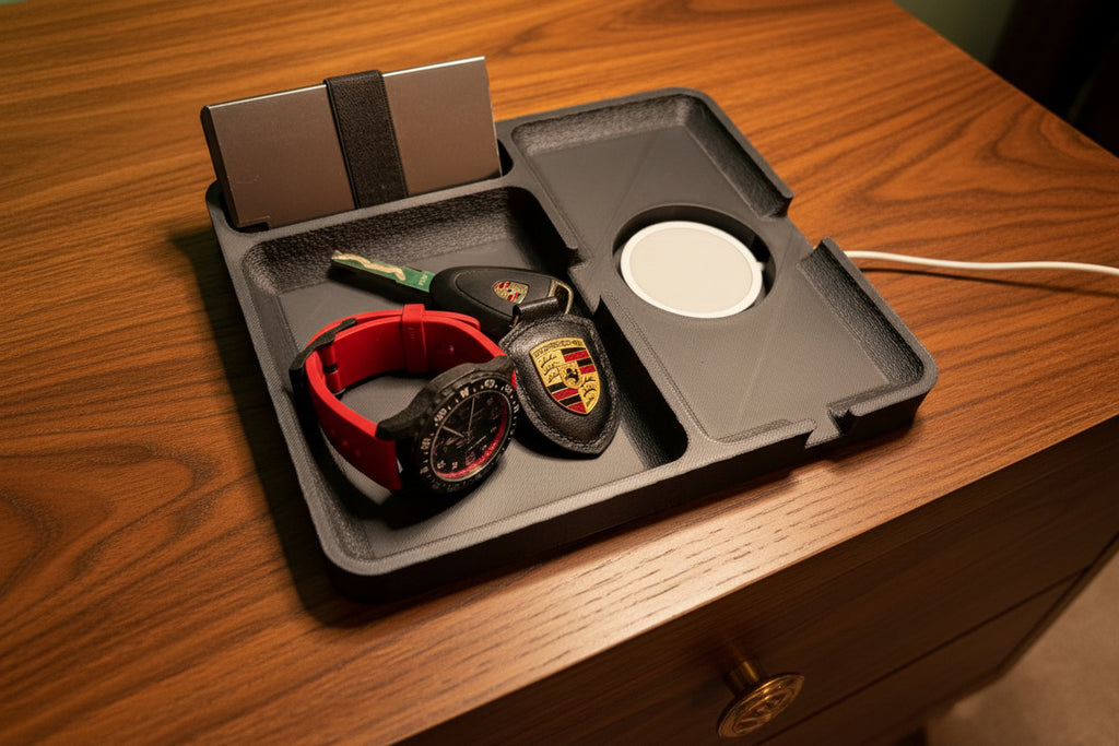 Nightstand Organizer with Phone Charging Slot | Desk Valet Tray | Wallet Keys Holder | Minimalist EDC Organizer | Bedside Dock